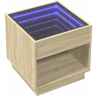 Image of vidaXL Bedside Table/Square Nightstand with RGB LED Infinity Mirror Sonoma Oak, Engineered Wood, 50x50x50cm, Durable and Stable End Table, Customizable Ambience in Bedroom