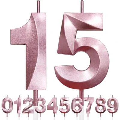 Image of 15th Birthday Candle, 3D Design Rose Gold Glitter Number Candles, Cake Topper Decorations, Candle for Party, Wedding Anniversary, Baby Shower, Party Decoration (Pink Gold)