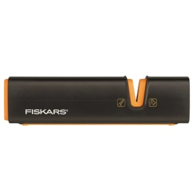 Image of Fiskars XSharp Axe and Knife Sharpener, Ceramic sharpening stone/Fiberglass reinforced plastic case, Black/Orange, 1000601