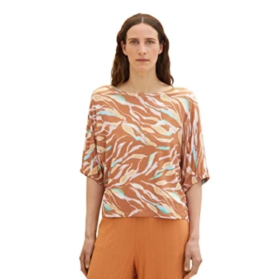 Image of TOM TAILOR Women&#039;s 1036792 T Shirt with Pattern, 31758 Brown Abstract Leaf Design, XXS