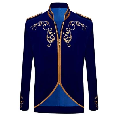 Image of PYJTRL Mens Stylish Court Prince Black Velvet Gold Embroidery Blazer Suit Jacket (Blue, XXL)