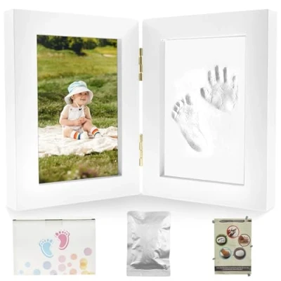 Image of Baby Footprint Kit &amp; Handprint Kit, Newborn Shower Gifts for Girls Boys Personalized Hand and Keepsake with Photo Frame, Print Mold New Mom Gifts(white)