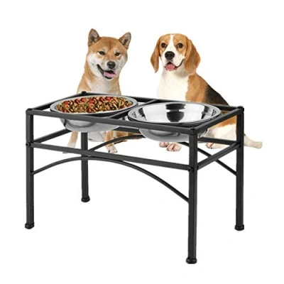 Image of Double Raised Dog Bowl with Stand Stainless Steel Elevated Pet Feeder Dishes Non Spill Water Food Feeding Bowls for Dogs Cats (M)
