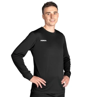 Image of FORZA Men’s Long Sleeve Football Shirt Breathable Quick Dry Fabric, Available in Sizes XS to XXL and Multiple Colours, Ideal for Training &amp; Match Play (UK, Alpha, S, Regular, Black)