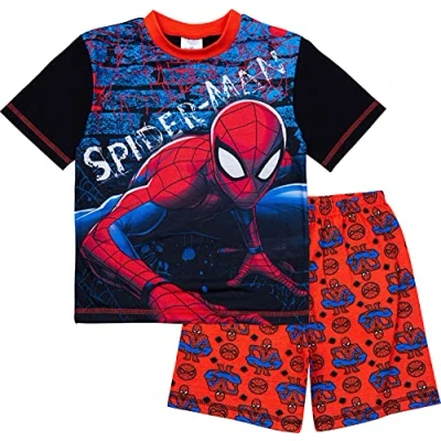 Image of Marvel Spiderman Boys Short Pyjamas Pjs Ages 2 to 12 Years Old, Official Merchandise (11_years) Black