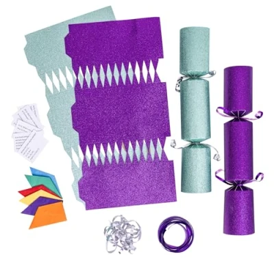 Image of evelay 12 Make Your Own Christmas Cracker Kit DIY Purple &amp; Light Green Glitter Crackers Hats Snaps Jokes (Purple, Green)