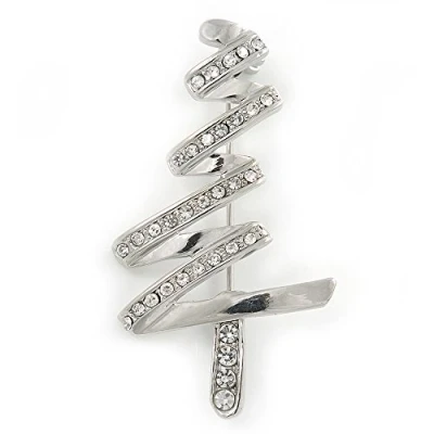 Image of Avalaya Rhodium Plated Clear Crystal Christmas Tree Brooch 50mm L