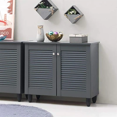 Image of Timber Art Design UK Shoe Storage Cabinet with 2 Doors Modern Footwear Stand Rack Unit Space Saver Cupboard Organizer for Living Room, Hallway, Dark Grey H68 x W77 D34 cm
