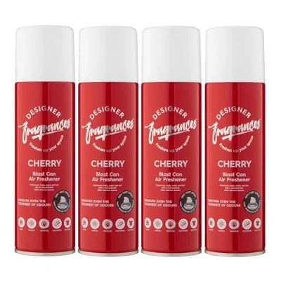 Image of Designer Fragrances 4 Pack Classic Cherry Air Freshener Blast Cans For Home &amp; Vehicles Natural Oils, Luxury Lasting Smell, Dry Mist Quick Release Spray Deodorise Neutralise Odours 300ml