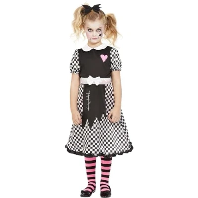 Image of Smiffys Broken Doll Costume, Black &amp; White Dress Headband, Halloween Child Fancy Dress, Zombie Up Costumes