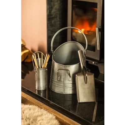Image of Marco Paul Coal SCUTTLE, SHOVEL and MATCH CANISTER Bunker Metal bucket Heavy Duty Fireplace Accessories Kindling Fire (Silver) iron black house decor ash 38cm