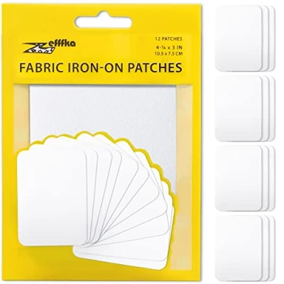 Image of ZEFFFKA Premium Quality Fabric Iron on Patches Inside &amp; Outside Strongest Glue 100% Cotton White Repair Decorating Kit 12 Pieces Size 3&quot; by 4 1/4&quot; (7.5 cm x 10.5 cm)