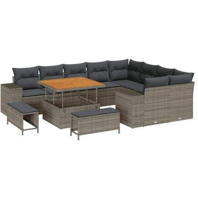 Image of vidaXL 12 Piece Garden Sofa Set with Cushions Grey Poly Rattan Acacia