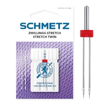 Image of SCHMETZ Sewing Machine Needle 1 Stretch Twin 2,5,0/75 130/705 H S ZWI NE 2,5 for Seams on Knitted Fabrics Almost All Household Machines with Zigzag Function