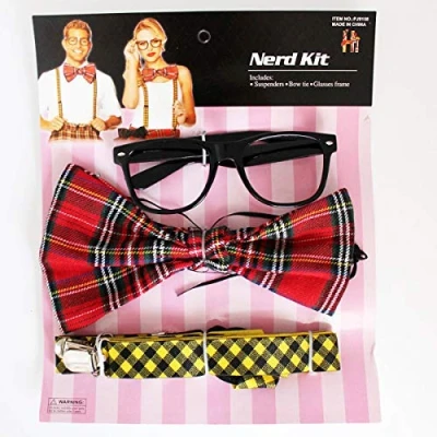 Image of labreeze Geek Nerd Kit Schoolgirl Tartan Bow Tie Braces &amp; Glasses Fancy Dress Party Set