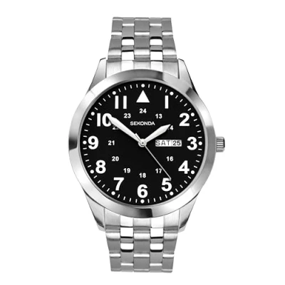 Image of Sekonda Glide Mens 43mm Silver Quartz Watch with Black Dial and Stainless Steel Bracelet Day Date Function 30m Water Resistance