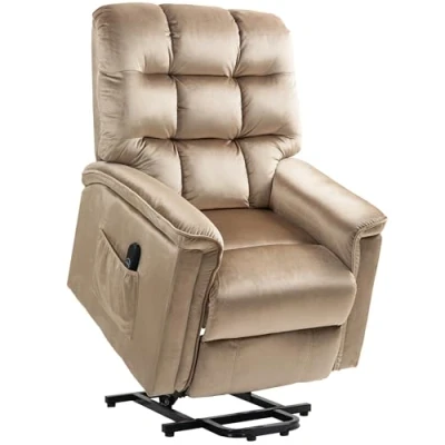 Image of HOMCOM Power Lift Recliner Chair for Elderly, Velvet Fabric Electric Riser and Armchair Living Room with Remote Control 2 Side Pockets, Champagne
