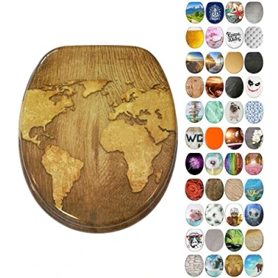 Image of Sanilo Soft Close Toilet Seat, Stable Hinges, Easy to Mount, Wooden Seat World Map