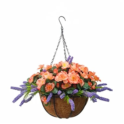 Image of Indoors And Outdoors Champagne Rhododendron Fake Silk Flowers DIY Artificial Azalea Purple Lavender Beautiful Chain Hanging Basket With Flower Pot (Big Basket)