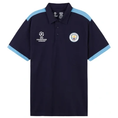 Image of MANCHESTER CITY F.C. Mens Polo Shirt, Short Sleeve Collared T Shirt Buttoned (L, Navy/Blue)