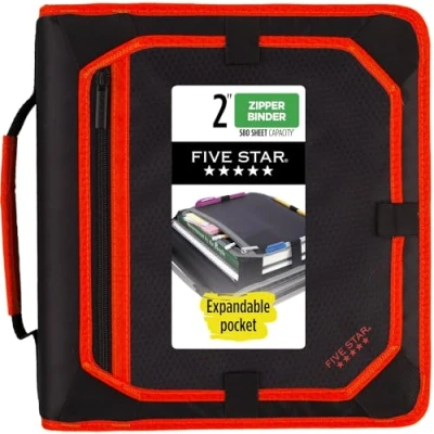 Image of Five Star Zipper Binder, 2 Inch 3 Ring Binder with Expansion Panel and Expanding File, 580 Sheet Capacity, Red/Black (29052CE8)
