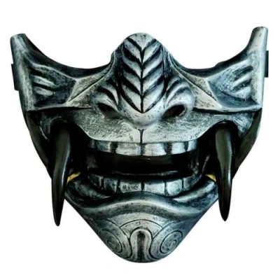 Image of asky Japanese Hannya Mask Demon Oni Samurai Noh Kabuki Prajna Devil Half Face Cosplay (Grey), M