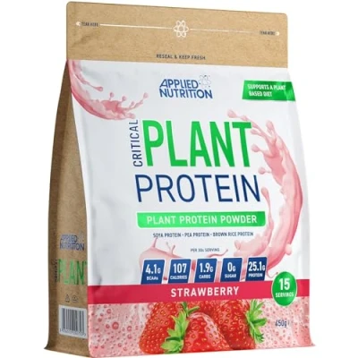 Image of Applied Nutrition Plant Protein Powder Critical Vegan Shake with SOYA, Pea, Brown Rice Proteins &amp; Essential Amino Acids Dairy Free Gym Supplement (450g 15 Servings) (Strawberry)