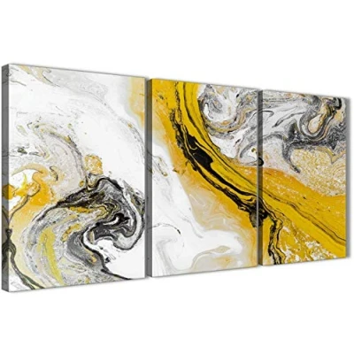 Image of 3 Panel Mustard Yellow and Grey Swirl Living Room Canvas Wall Art Decor Abstract 3462 126cm Set of Prints Wallfillers
