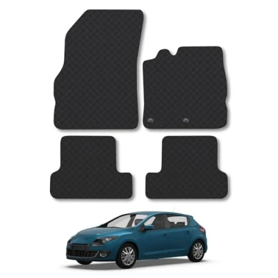 Image of Rubber Car Mats Compatible with Renault Megane (2008 2016) Tailored Fit Floor Set Accessory Black Custom 4 Pieces Clips Anti Slip Backing, Heavy Duty &amp; Waterproof