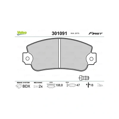 Image of 5892310, 71748384, 792561 Brake pad set VALEO 301091 FIRST Front Axle incl. wear warning contact without anti squeak plate FIAT: Panda I Hatchback