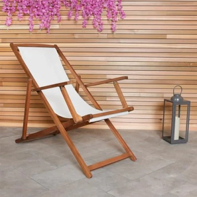 Image of Charles Bentley Folding FSC Eucalyptus Wooden Deck Chair Beach Sun Lounger Traditional Cream