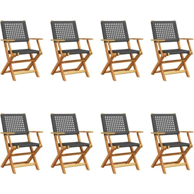 Image of vidaXL Folding Garden Chairs 8 pcs Black Poly Rattan and Solid Wood