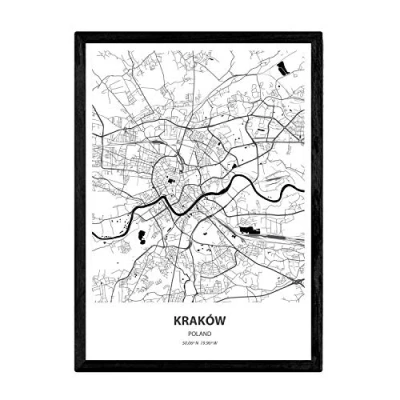 Image of Nacnic Poster with map of Krakow Poland. Sheets cities in Europe seas and rivers black color. A4 size