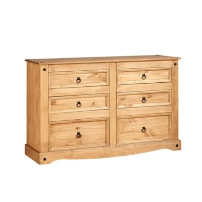 Image of Home Source Corona Chest, Industrial Style Solid Pine Bedroom Clothes Storage Cabinet, 6 Drawers, Wood