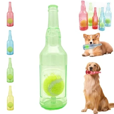 Image of LLELEMAMO Crunch Play bottle toy, Crunchnplay Toy for Dogs, 9.7&quot;/7.7&quot; Rubber water Dog Interesting Squeaky Toys, Outdoor Interactive Chew with Tennis Ball (Green,Large)