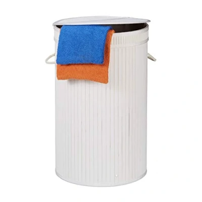 Image of Relaxdays Lidded Laundry Hamper, Round Clothes Sorter, 65 Litres, XXL Stand, White, Bamboo, 63 x 40 cm
