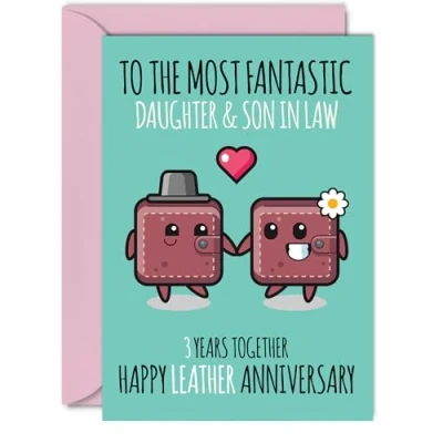 Image of Cute Leather Anniversary Card for Daughter &amp; Son In Law 3 Years Together Happy 3rd Wedding Cards Daughter, A5 Greeting Third Anniversaries