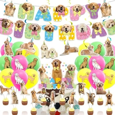 Image of Golden Retriever Party Decorations Birthday Supplies Includes Dog Banner Hanging Swirls Cake Topper Cupcake Toppers Balloons for