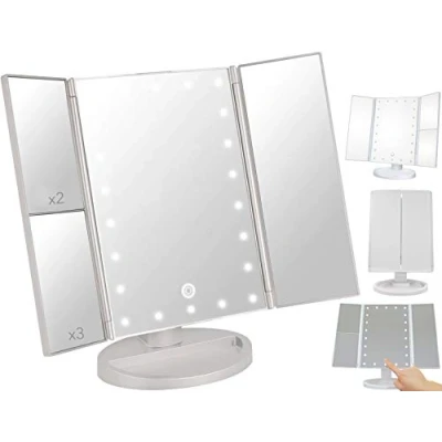 Image of LED Table Makeup Mirror with Lights, 1x/2x/3x Magnification, Touch Screen Adjustable Brightness, 180 Rotation, Dual Power Supply, Portable Vanity for Dressing