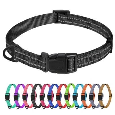 Image of TagMe Reflective Nylon Dog Collars, Adjustable Classic Collar with Quick Release Buckle for Extra Small Dogs, Black, 1.5 cm Width