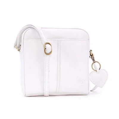 Image of Gigi Ladies Small Leather Crossbody Bag Handbag With Long Adjustable Shoulder Strap Heart Keyring Charm OTHELLO 22 29 White