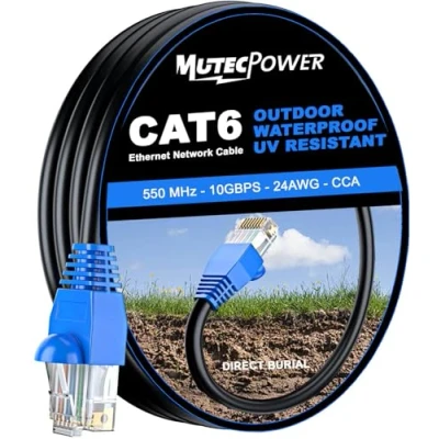 Image of MutecPower 15m CAT6 Outdoor waterproof Direct Burial Ethernet Network Cable UTP CCA 550 Mhz Black 15 meter with Ties