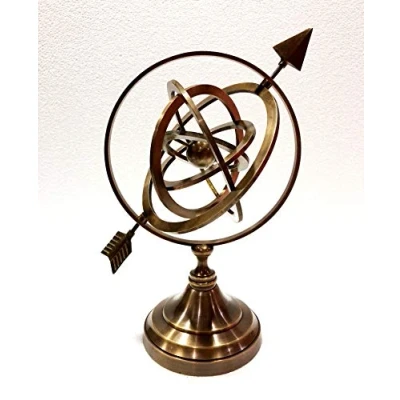 Image of Antique Nautical Brass Armillary Sphere World Globe Brown Metal Base Office Decorative