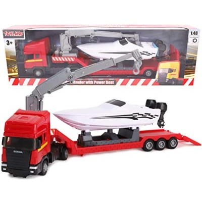 Image of Toyland® Scania Flatbed Hauler Transporter Truck With Power Boat 1:48 Scale Free Wheel (Red Truck)