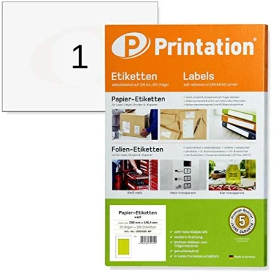 Image of Printation Shipping Labels A5 Pack of 50 210 x 148.5 mm White Self Adhesive Address / Sticky DIN Sheets 1x1 148 Stickers 1 Label per Sheet 6135 8690