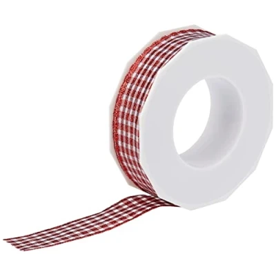 Image of C.E. Pattberg Präsent Vichy Metallic wired edge Ribbon Red White 25 mm width, 20 m length