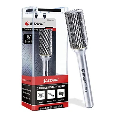 Image of EZARC SB 5 Tungsten Carbide Burr with 1/4Shank Double Cut Rotary File Cylinder End Cut, Cutting Burrs Die Grinder Bit for Steel Metal Working, Polishing and Engraving