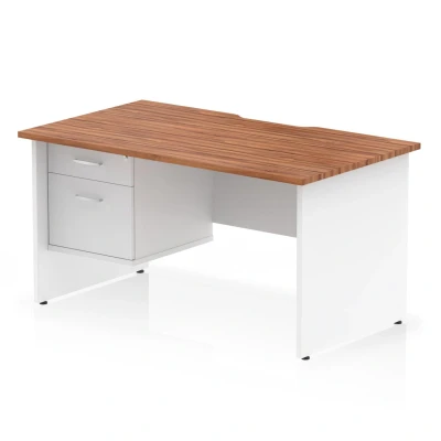 Image of Impulse 1400 x 800mm Scalloped Edge Straight Office Desk Walnut Top White Panel End Leg Workstation 1 2 Drawer Fixed Pedestal