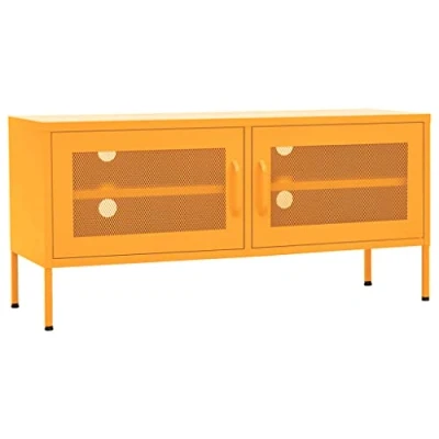 Image of vidaXL TV Cabinet with 2 Mesh Doors in Mustard Yellow Steel Construction, Internal Shelf, Cable Management, Adjustable Height, Easy to Clean, 105x35x50 cm