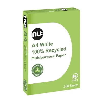 Image of nu: A4 Recycled Multipurpose Paper White 500 Sheets Smooth Surafce Suitable for Inkjet, Laser &amp; Copier Use Ideal Home Office